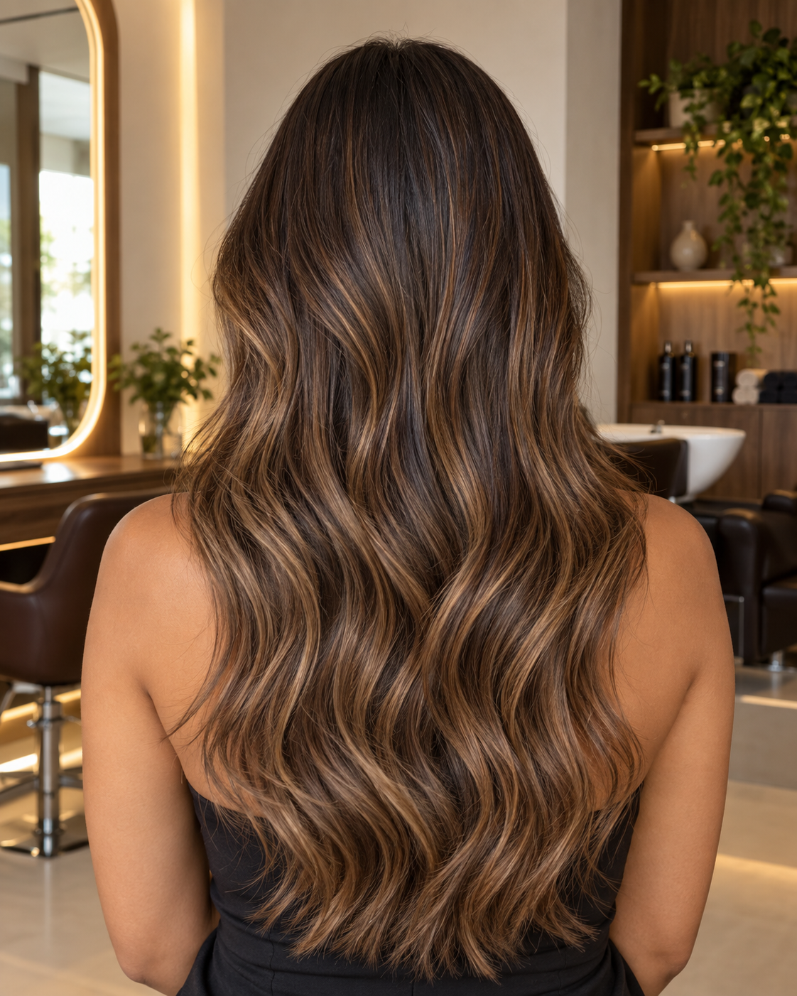 Foto ilustrativa de resultado de cabelo castanho com ondas e luzes
